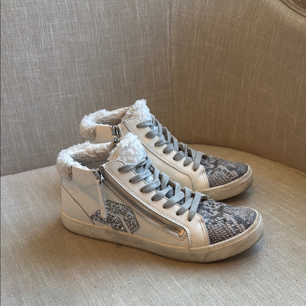 Dolce Vita Zonya Plush Sneakers Stone Multi Leather Sherpa Glitter High Tops